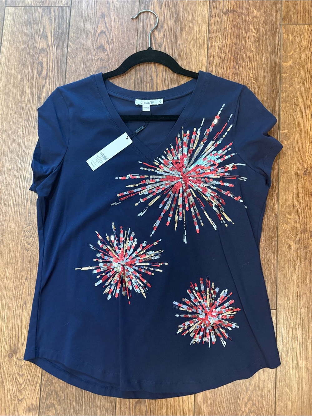 Chico's Navy V-Neck Top with Red, White & Light Blue Burst Embroidery